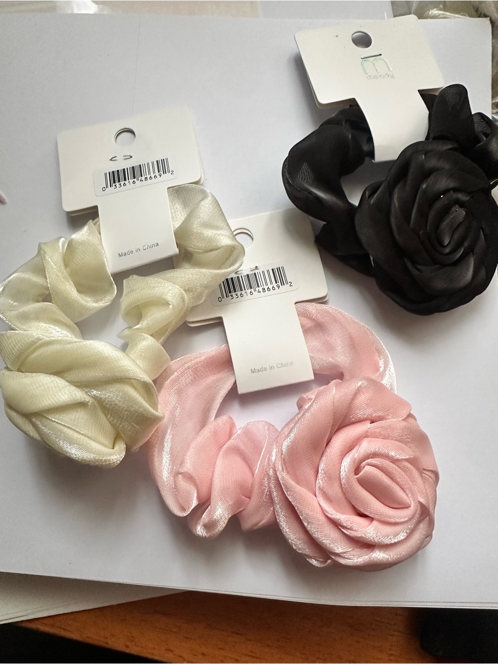 Satin Rose Scrunchie Hair Tie - Pink, Cream, Black